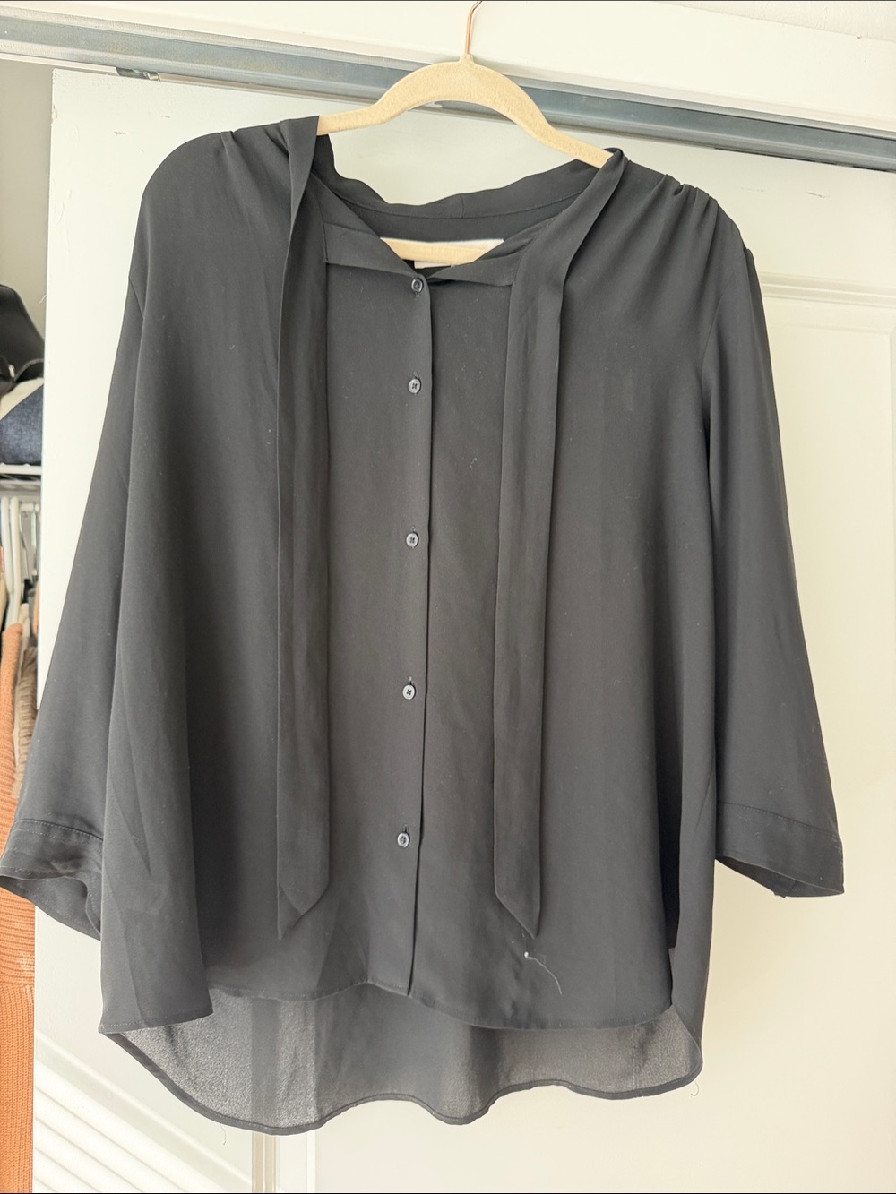 LOFT Black Button-Front Blouse with Neck Tie